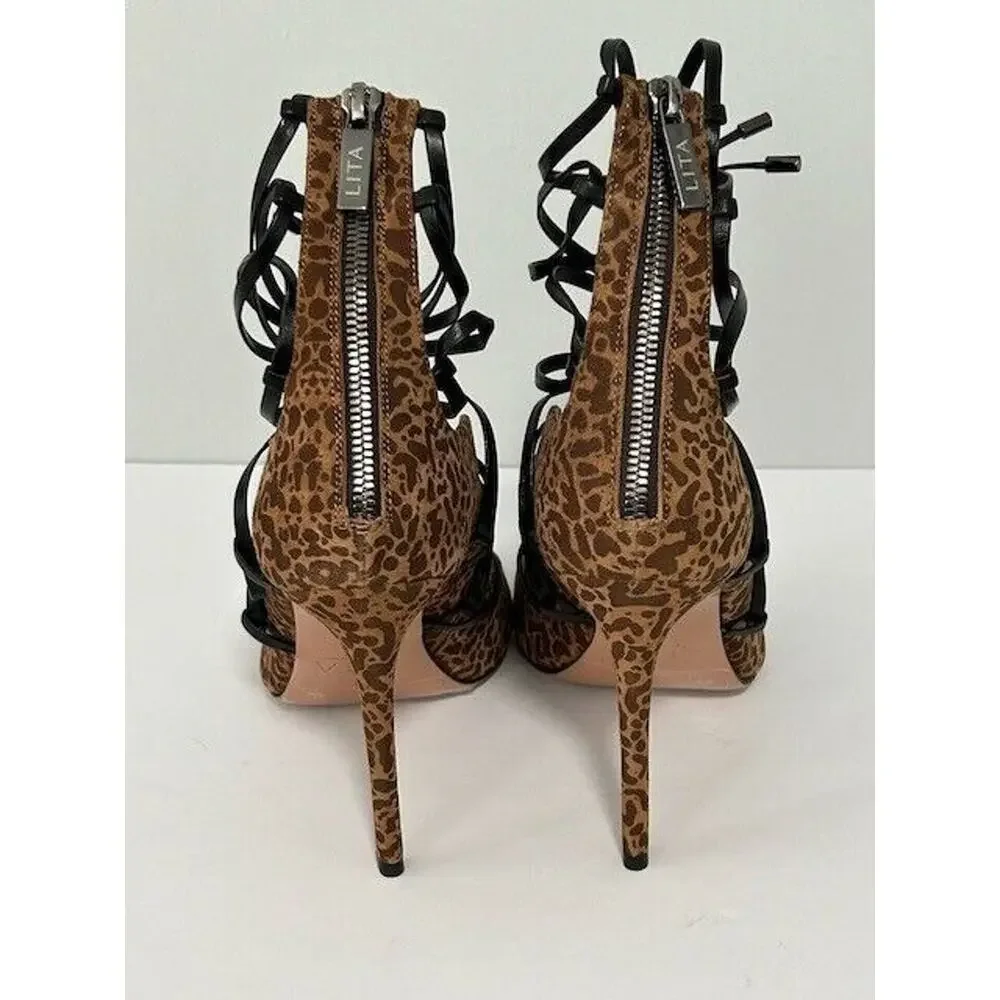 LITA By Ciara Strappy Sandals Stiletto Heels Leopard Print Leather 41/10.5‎ NIB